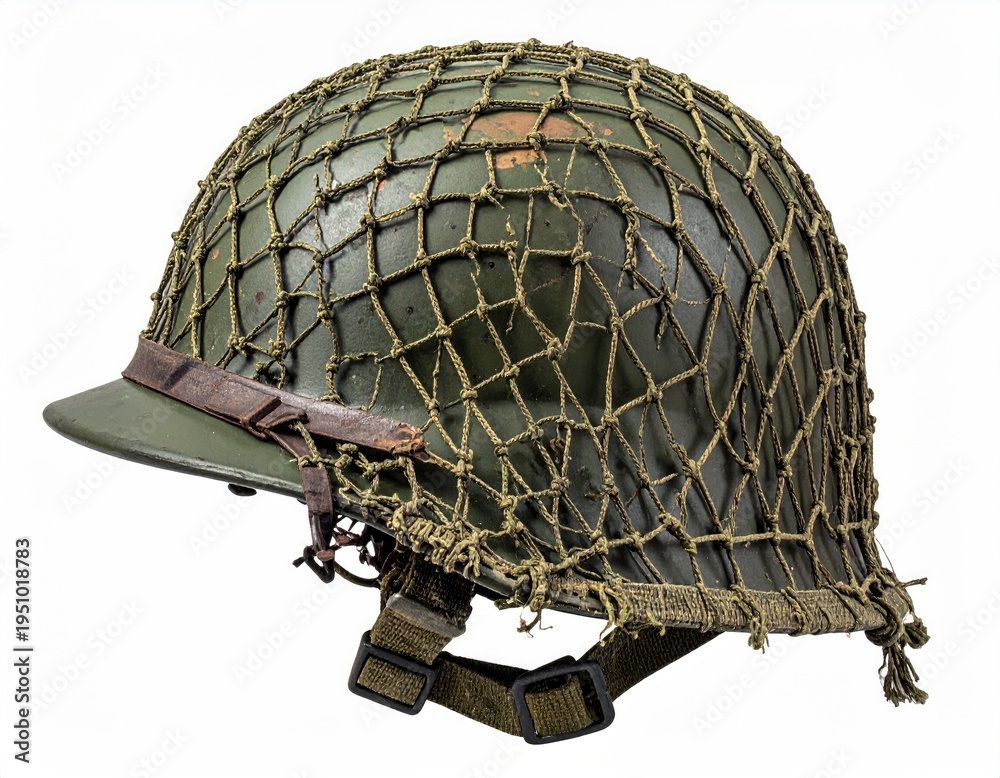 Fototapeta premium An olive green military helmet with netting and straps