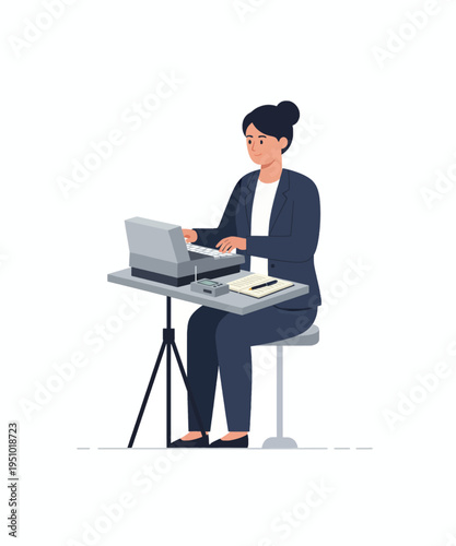 Professional female transcriber diligently operating a specialized stenotype machine for detailed reporting tasks