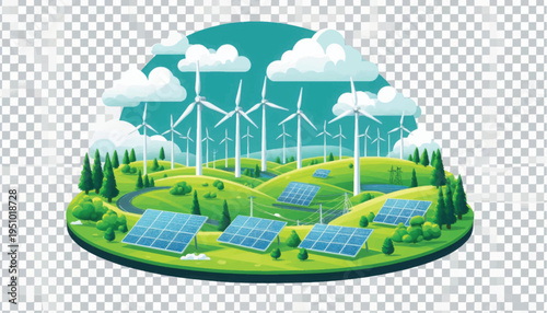 Sustainable Green Energy Ecosystem Illustration with Wind Turbines and Solar Panels on Rolling Hills