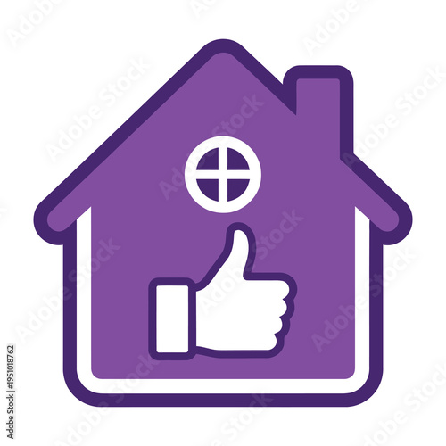 Purple house icon with thumbs up and window symbolizing approval and real estate