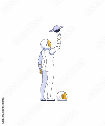 Female astronaut reaching towards a stylized ringed planet in this minimalist space exploration illustration