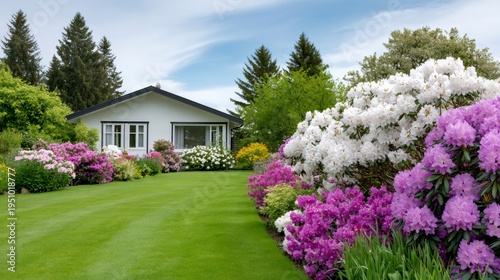 Suburban backyard garden blooming with colorful rhododendrons in spring