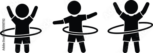 Children Playing With Hula Hoop Silhouette Kids Activity Exercise and Fun Playtime Black Vector Icon Set