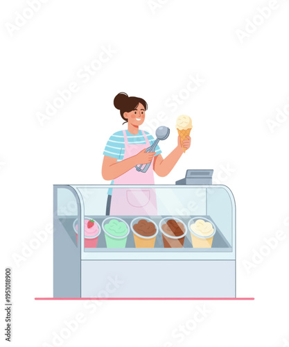 Happy female vendor in an apron serving a delicious scoop of vanilla ice cream cone from a colorful display case.