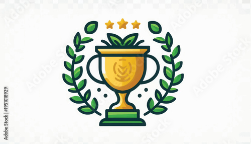 Golden Trophy Cup with Green Laurel Wreath and Stars Icon. Achievement Award and Eco-Friendly Success Symbol Illustration.