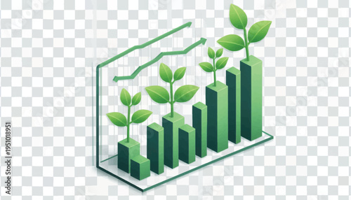 Sustainable Financial Growth Bar Chart with Growing Green Plants. Eco-Friendly Investment Returns Concept.