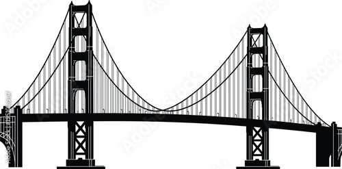 Golden Gate Bridge silhouette detailed vector, iconic suspension bridge landmark isolated on white background, San Francisco architecture illustration for travel design