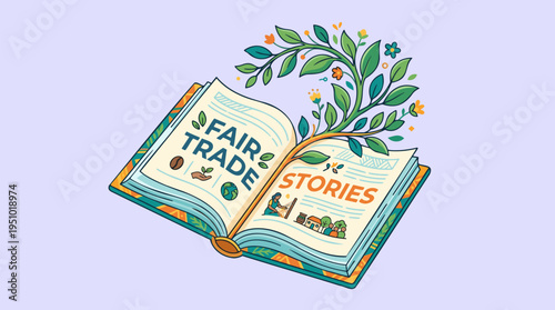Open Book "Fair Trade Stories" with Growing Plant, Farmer & Village, for Ethical Business & Sustainability, Flat Vector Illustration in Natural Colors.