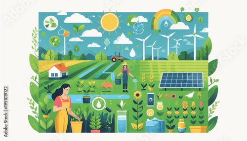 Sustainable Agriculture and Green Energy Landscape Illustration. Eco-Friendly Farming, Renewable Resources, and Modern Agronomy Technology.