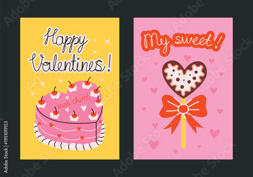 Romantic posters and postcards for Valentine's Day. Printable designs with cute hearts, cake in heart shape with cherry, lollipop with love letters with festive red bow. Holiday and celebrations decor