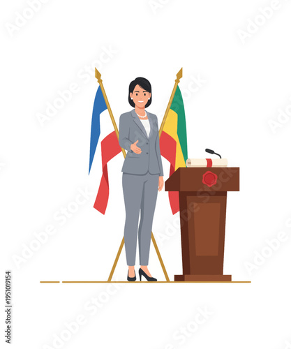 Diplomatic official in professional suit extends handshake beside national flags and presentation podium