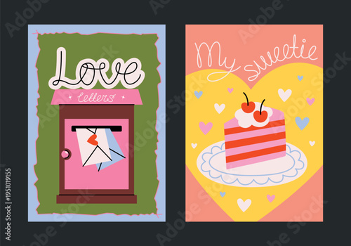 Сolorful romantic posters and postcards for Valentine's Day. Printable designs with cute hearts, peace of cake with cherry on plate, mailbox with love letters, sweets. Holiday and celebrations decor.
