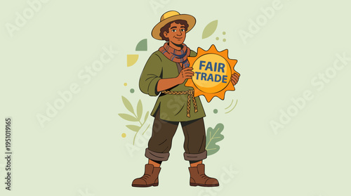 Farmer Man Holding Fair Trade Label, Ethical Sourcing & Sustainability Concept, Flat Vector Style, Natural Colors, Eco-Friendly Illustration