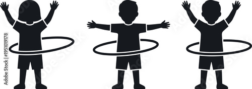 Kids Playing With Hula Hoop Silhouette Children Exercise Activity Fun Playtime Fitness Black Vector Icon Set