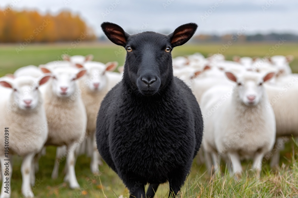 Fototapeta premium Black sheep standing out from white flock on farm