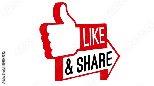 Animated like and share with thumbs up icon sliding smoothly into frame on a white background and green screen. End screen video template, channel, social media 