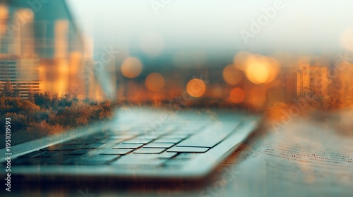 A blurred cityscape merges with a close-up view of a keyboard, creating a digital and urban fusion effect with warm bokeh lights.