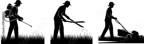Gardener Silhouettes Performing Various Lawn Care and Maintenance Tasks Vector Illustration