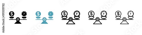 Time and money compare scale icon pack. line style EPS 10. Thin line customizable illustration. Contour symbol. Vector isolated outline drawing. Editable stroke