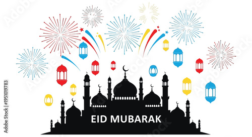 Festive eid mubarak celebration with fireworks and mosque showcasing a striking silhouette high quality professional detailed