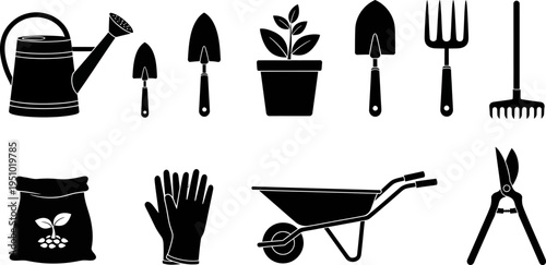 Comprehensive Collection of Essential Gardening Tools and Equipment Silhouette Icons