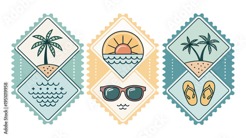 Summer vacation badge set with palm trees sunglasses and flip flops on white background