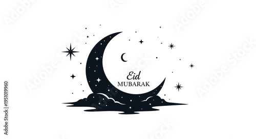 A crescent moon and stars with the text Eid Mubarak in a dark striking silhouette