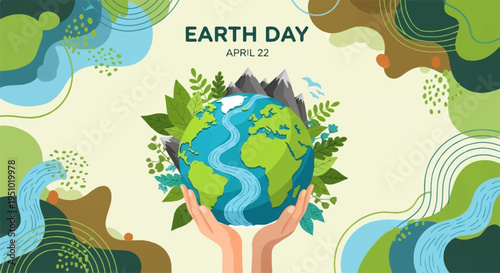 Earth day illustration with hands holding the globe surrounded by greenery and water elements on beige background