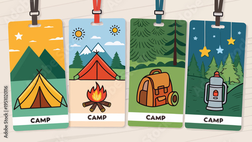 Playful camping name tags with colorful illustrations of tents campfires and gear for kids' summer camp