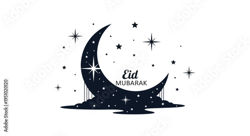A dark crescent moon and stars with Eid Mubarak text representing a festive islamic celebration silhouette