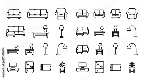 Furniture Icon UI Kit – Living Room Sofa Chair Table Lamp Outline Vector Dashboard Grid Interface Pack