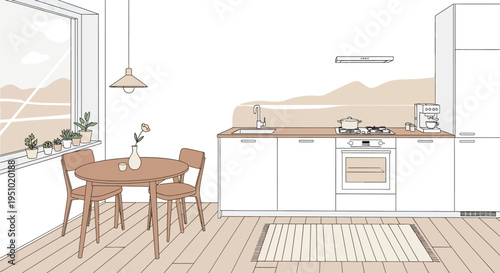 Contemporary minimalist kitchen interior illustration with modern appliances, a charming dining table, and a scenic window view.
