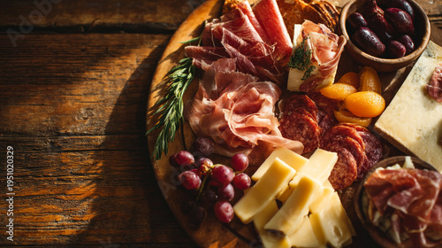 Delicious charcuterie board with cheese and meat on wooden table