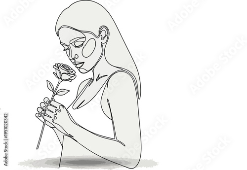 Elegant continuous line art drawing of a woman in minimalistic style smelling a beautiful rose, illustrating beauty, nature, and femininity.
