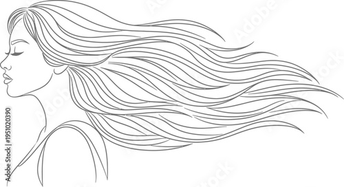 Elegant line art illustration featuring a beautiful young woman's profile with long, wavy, flowing hair representing grace, style, and natural beauty.