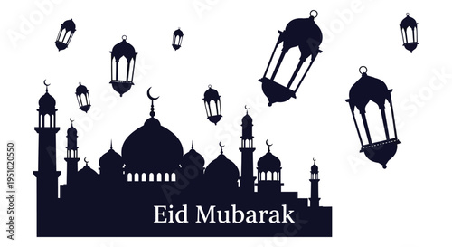 A dark silhouette of a mosque and lanterns celebrates the eid mubarak holiday silhouette high quality