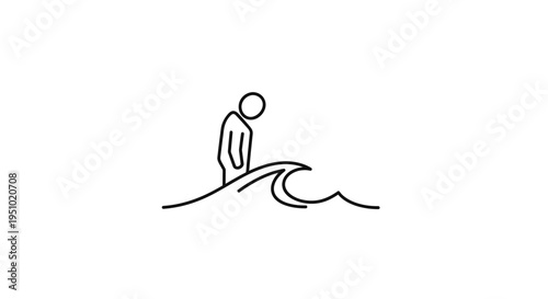 Sad Person Standing in Ocean Waves, Minimalist Line Art