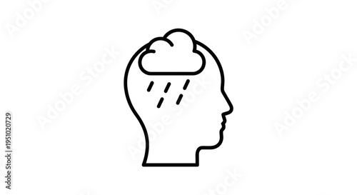 Sadness and Depression Icon: Cloud with Rain Inside Human Head Silhouette