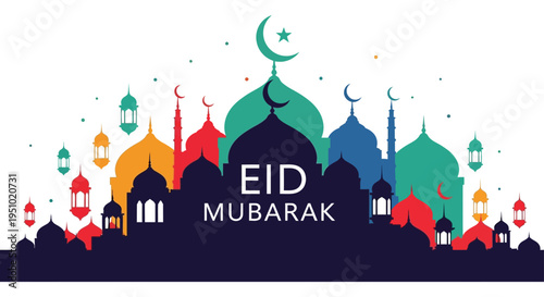 A colorful eid mubarak design featuring a cityscape and crescent moons a striking silhouette high quality