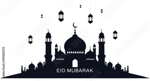 An elegant eid mubarak illustration featuring a mosque and crescent moon silhouette high quality professional detailed