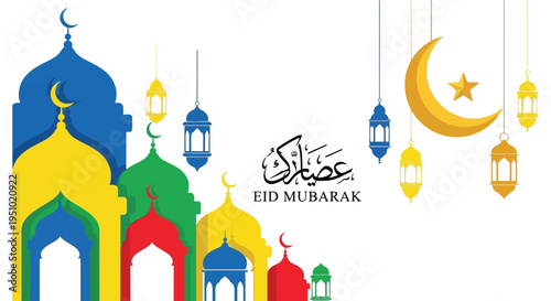 Colorful eid mubarak greeting featuring islamic architecture and crescent moons a vibrant silhouette high quality professional