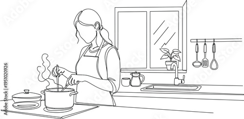 Woman carefully stirring contents of a steaming cooking pot on a stove top in a clean kitchen setting
