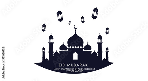 A dark silhouette of a mosque and crescent moon with hanging lanterns for eid mubarak celebrations