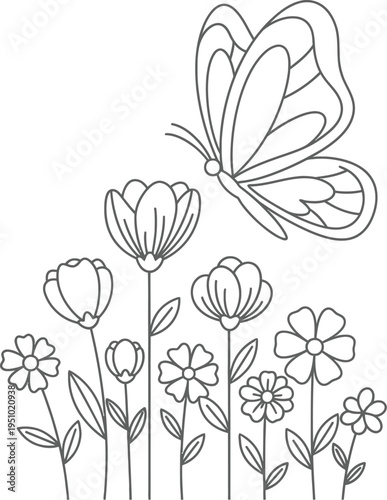 Charming black and white outline drawing featuring a butterfly gently hovering above a collection of delicate spring wildflowers.