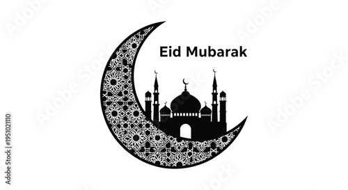 An eid mubarak greeting featuring a crescent moon and mosque scene in black silhouette high quality