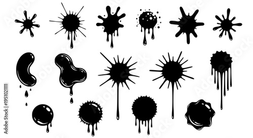 Black ink blots. Black paint splatters and drips in organic splashes. Contrast, playful, bold abstract graffiti spots for kids art blobs, comics, pop art design. Vector isolated set. Transparent SVG.