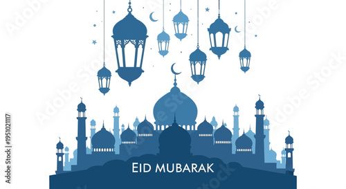 Elegant eid mubarak greeting with a mosque and lanterns in dark blue silhouette high quality professional