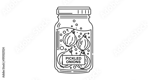 Pickled Onions in a Jar, Hand-Drawn Line Art Illustration