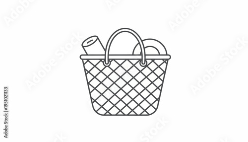Picnic Basket Icon with Food Items and Utensils, Outline Vector Illustration