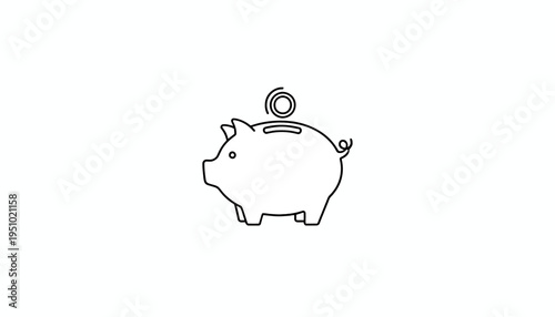Piggy Bank Icon with Coin - Simple Line Art for Savings and Finance Concepts